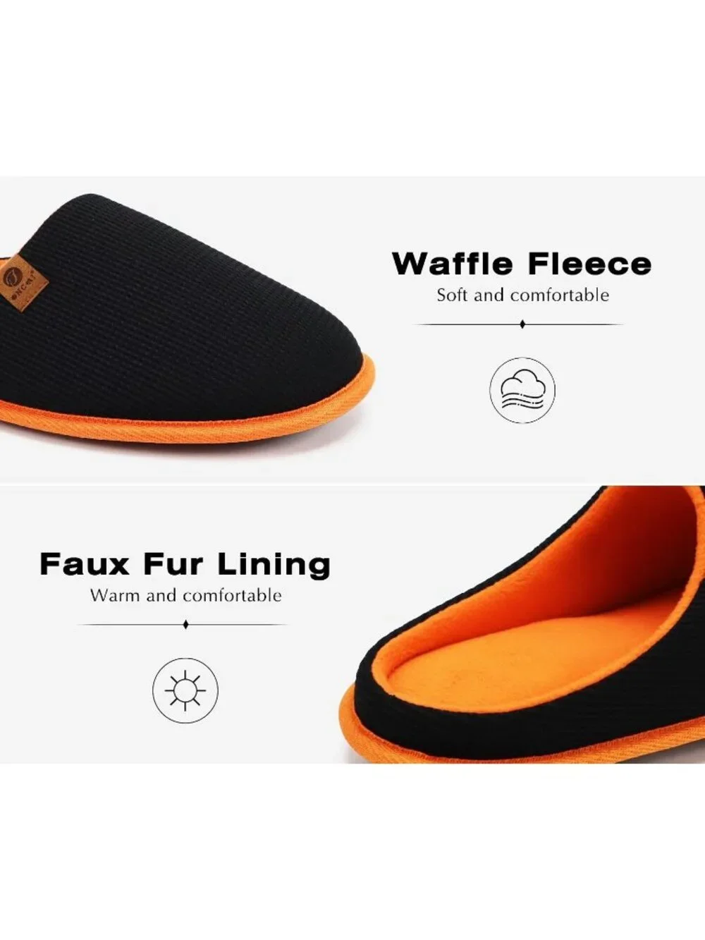 Men's Black Orange Cushion Foam Shake Fleece Faux Fur Lining House Slipper Shoes